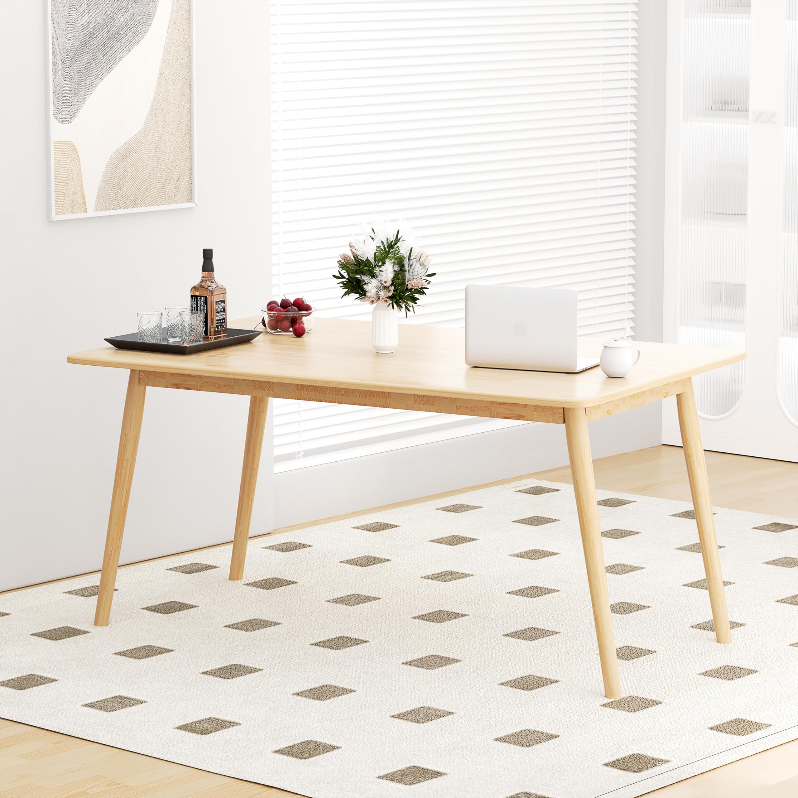 Modern Oak Rectangular Wooden Dining Table 59 Inch - Solid Wood Kitchen Table for 6-8 People, Farmhouse Style Dining Room Furniture (Natural Finish) - Perfect for Family Gatherings, Dinner Parties & Home Decor