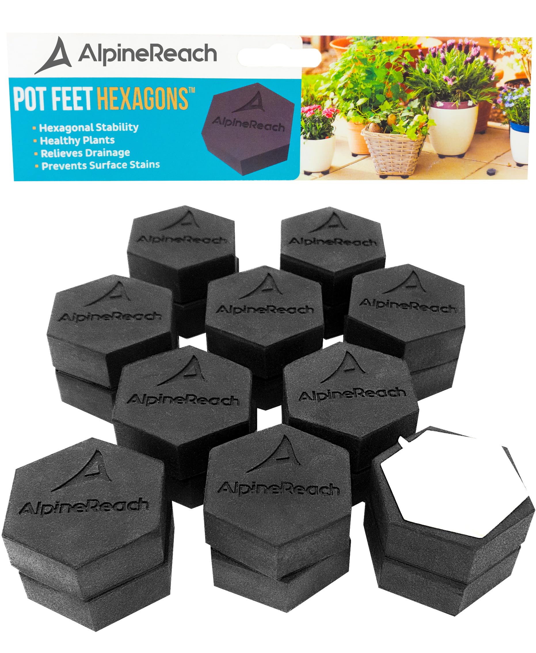 AlpineReach Heavy Duty Pot Feet Risers - 20 Pack Hexagonal Plant Stand Elevators with Adhesive Pads for Outdoor Planters | Strong Invisible Supports for Small & Large Flower Pots | Protect Plants & Improve Drainage | Perfect for Patio, Garden, Deck & Balcony Use
