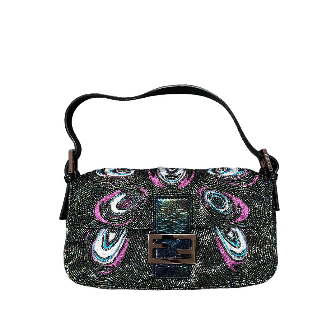 FENDI Embroidered Peacock Feather Beaded Baguette Bag - Luxury Evening Clutch for Parties & Special Occasions