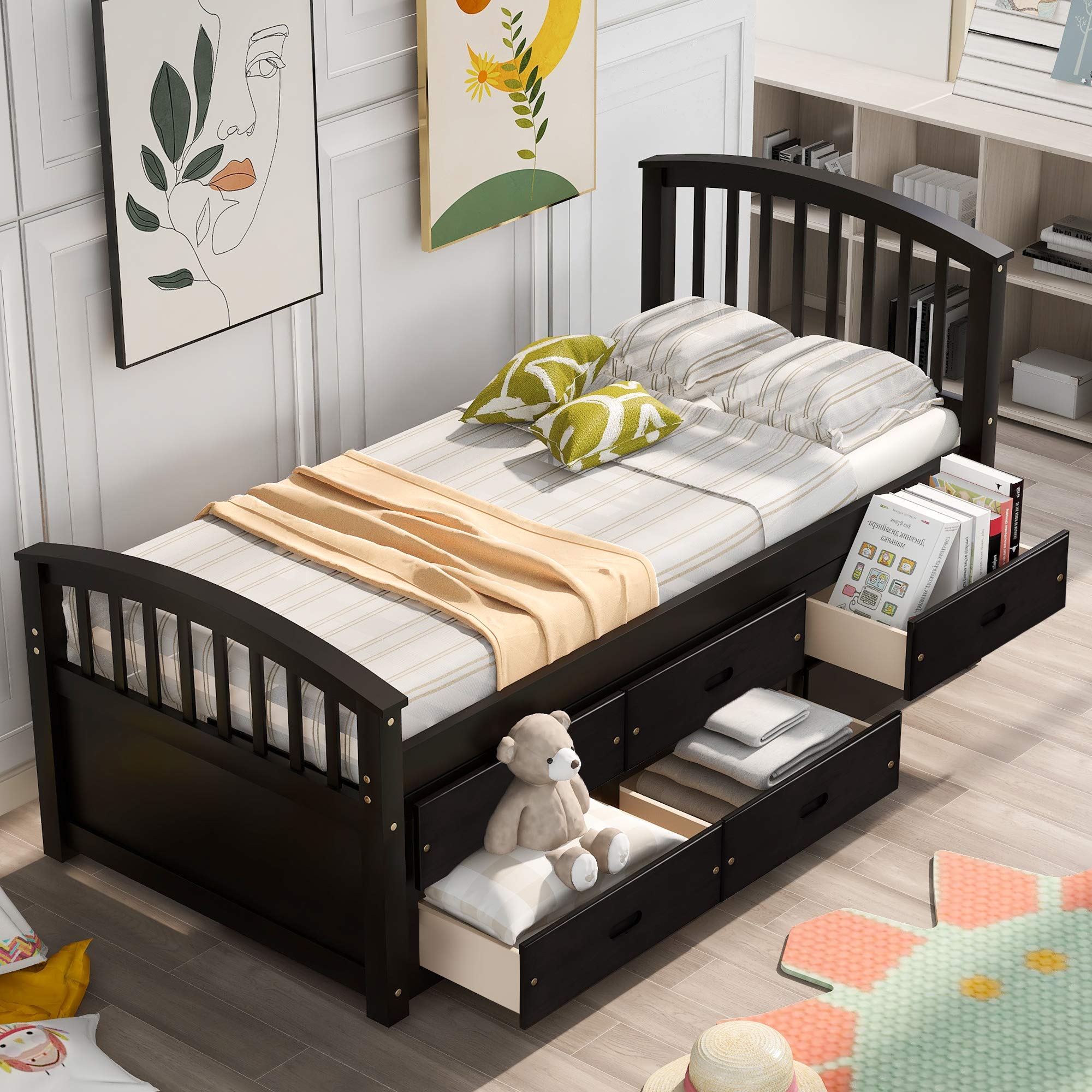 Twin Storage Bed with 6 Drawers - Solid Wood Platform Bed for Bedroom - Kids & Adults - No Box Spring Needed - Perfect for Small Spaces & Guest Rooms