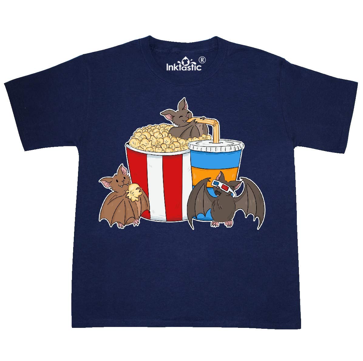 Inktastic Movie Loving Bats with Popcorn and Soda Youth T-Shirt | Cute Bat Design Kids Tee | Fun Movie Night Outfit for Boys & Girls