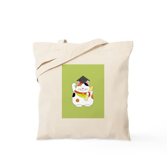 Graduation Maneki Neko Lucky Cat Tote Bag - Natural Canvas Reusable Shopping Bag for College Grads - Perfect for Commencement Gifts, Campus Life & Eco-Friendly Grocery Trips
