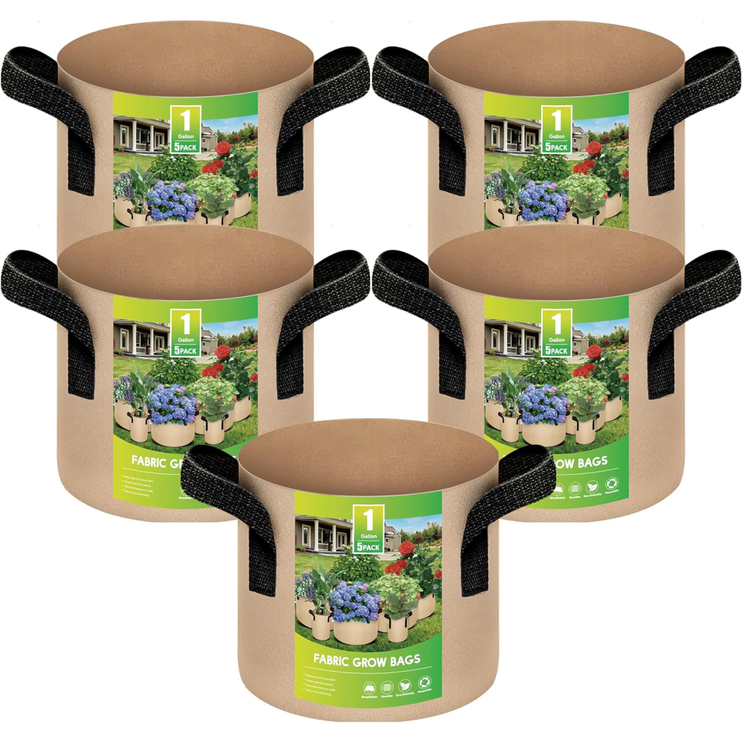 YSSOA 5-Pack 1 Gallon Heavy Duty Grow Bags - Thickened Nonwoven Aeration Fabric Pots with Handles for Plants, Vegetables, Flowers, Tomatoes & Potatoes - Perfect for Indoor/Outdoor Gardening, Balcony Planting & Hydroponic Systems