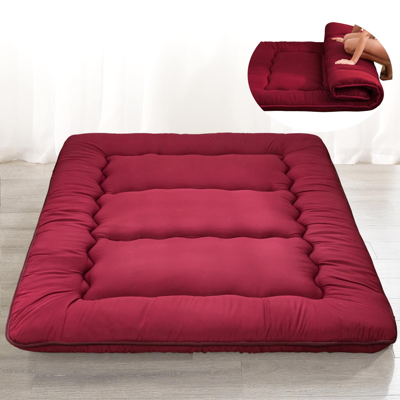 MAXYOYO Extra Thick Japanese Floor Futon Mattress - Burgundy Red | Comfortable Tatami Bedding for Guest Room, Small Space & Meditation