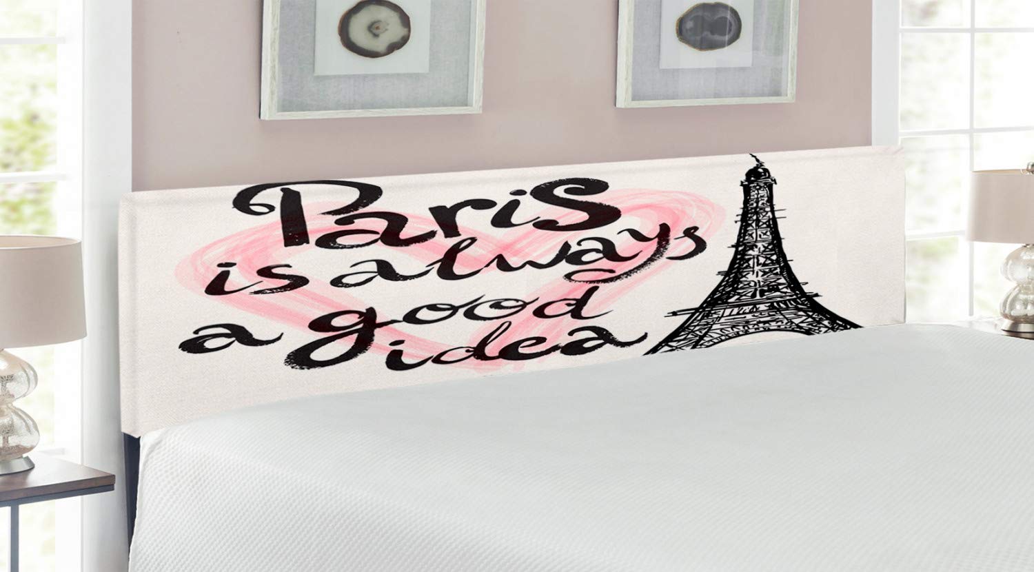 Ambesonne Eiffel Tower Headboard - Modern European Sketch Design with Heart Lettering, Upholstered Metal Bed Frame with Memory Foam, King Size in Cream Pink & Black - Perfect for Paris-Themed Bedrooms & Romantic Home Decor