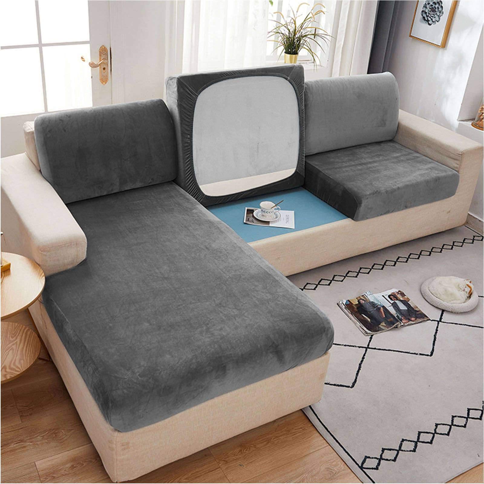 MO&SU Velvet Stretch Sofa Slipcover for L-Shaped Sectional Couch - 1/2/3 Cushion Furniture Protector with Sofa Back Cover - Light Gray - Perfect for Living Room, Home Theater & Family Gatherings