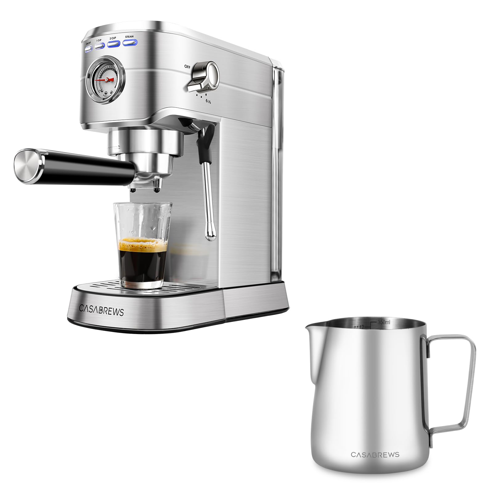 CASABREWS 15 Bar Espresso Machine with Steam Milk Frother & Stainless Steel Pitcher - Professional Coffee Maker for Home Baristas - Perfect for Lattes, Cappuccinos & Espresso Drinks