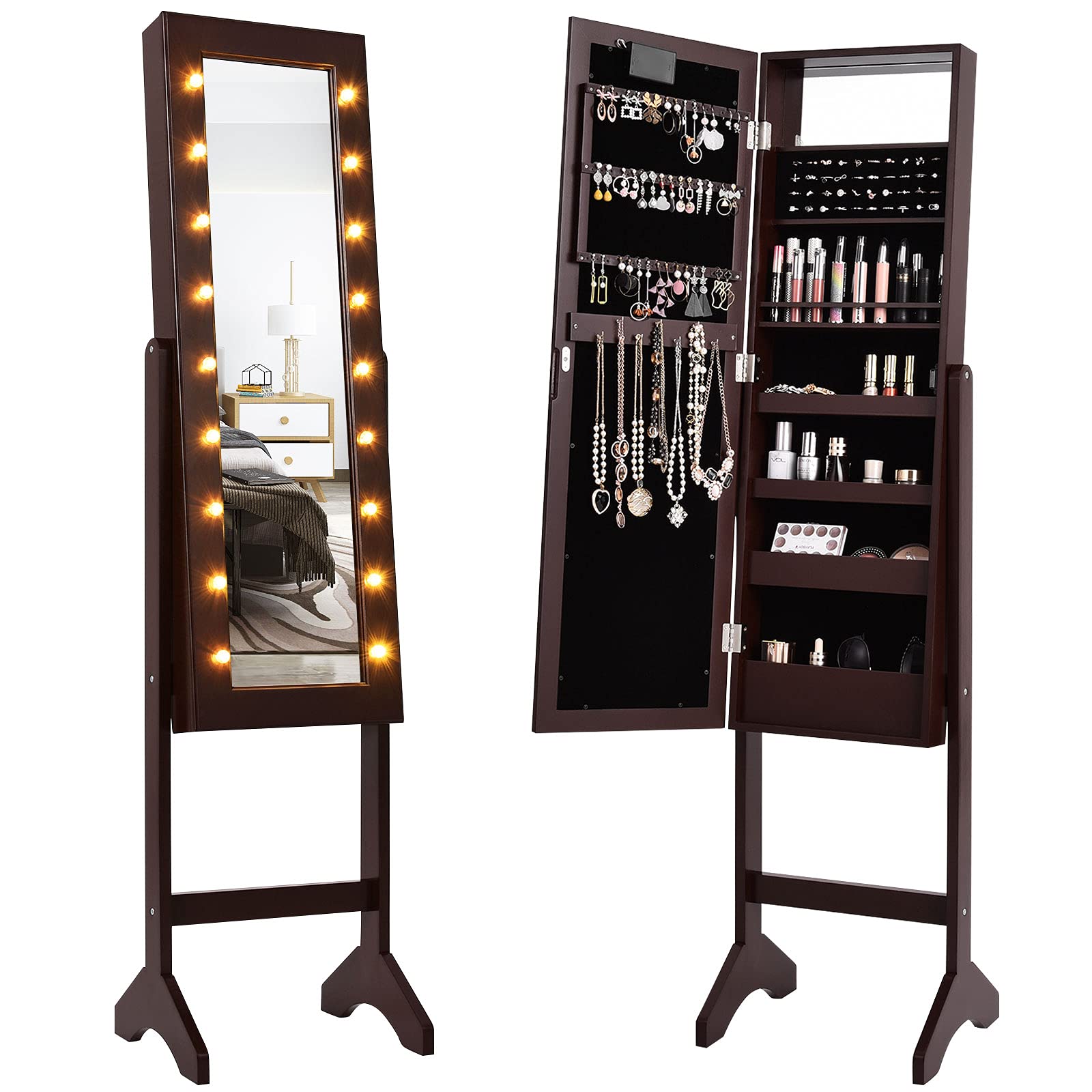 LDAILY Standing Jewelry Armoire with 18 LED Lights - Full Length Mirror Jewelry Cabinet Organizer for Necklaces, Earrings & Accessories - Large Storage Jewelry Box for Women & Girls (Brown) - Perfect for Bedroom, Dressing Room & Closet Organization