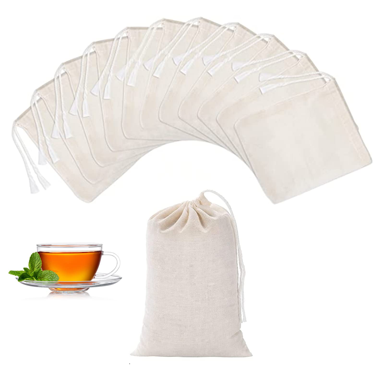 TamBee Reusable Muslin Mesh Tea Bags - 4 x 6 Inch Cold Brew Coffee & Loose Leaf Tea Filter Sachets (25 Pack) - Perfect for Iced Tea, Herbal Infusions & French Press Brewing at Home or Office