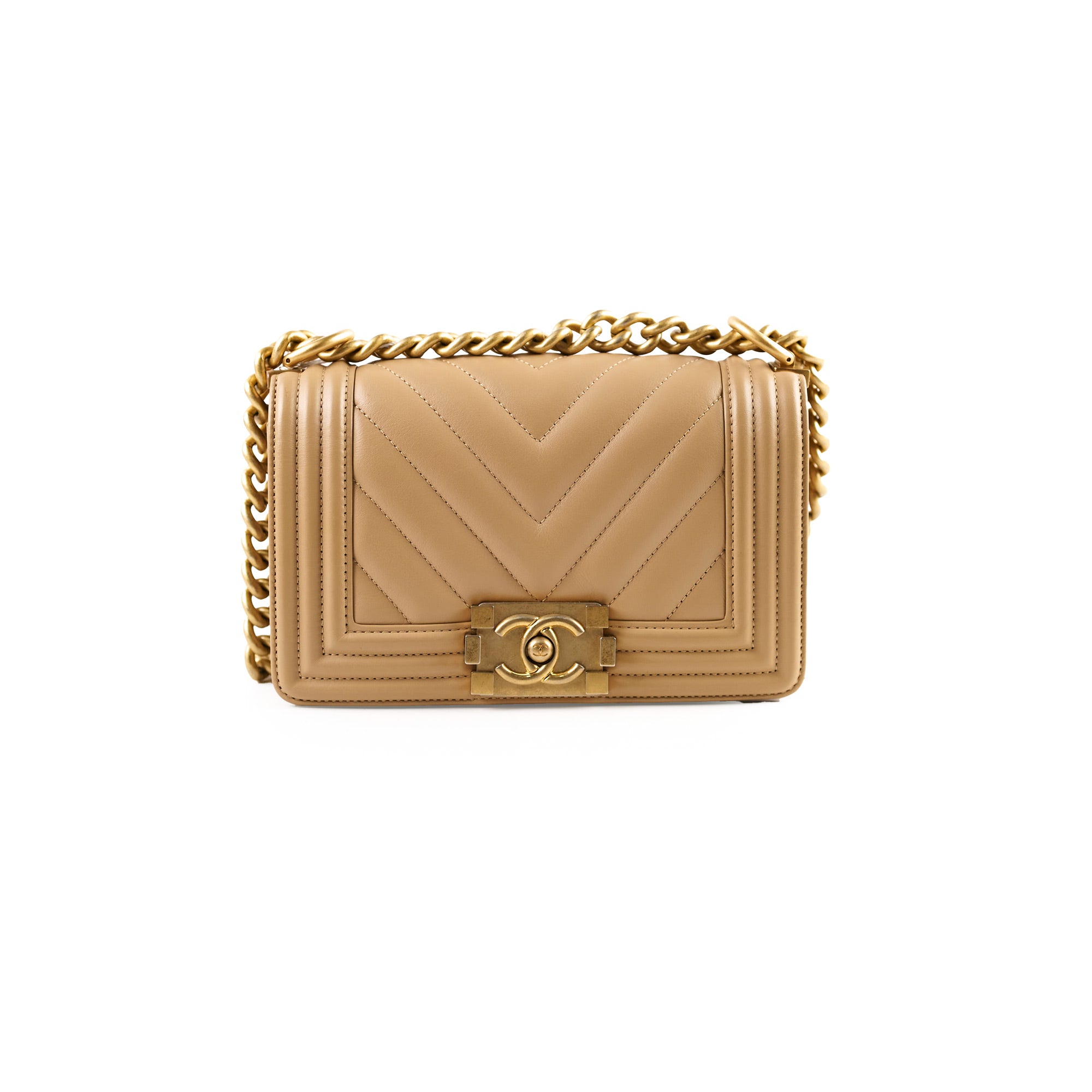 Chanel Small Boy Chevron Beige Calfskin Leather Handbag - Luxury Designer Crossbody Bag for Women, Perfect for Date Night & Evening Events