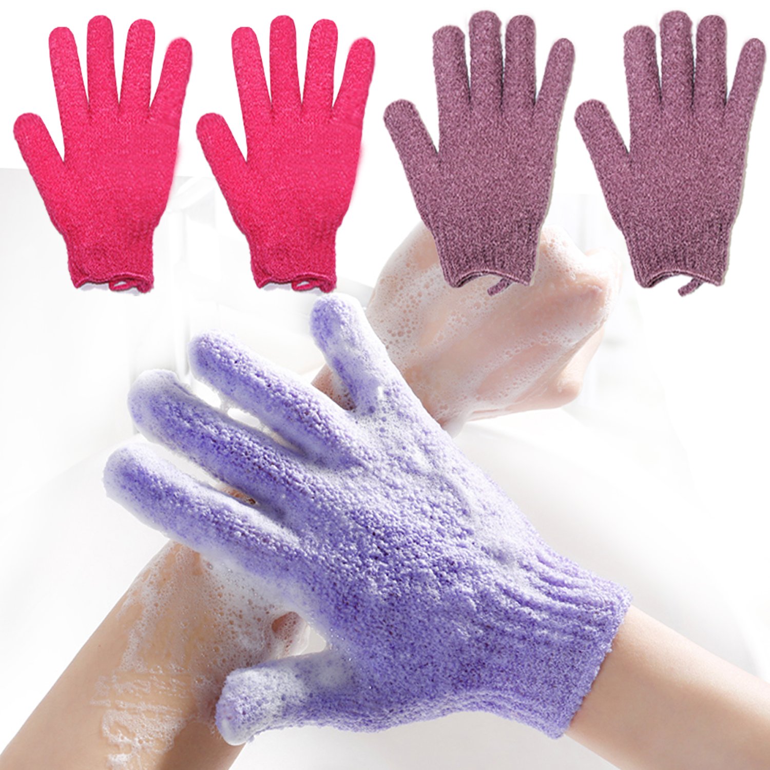 Niki28 2-Pair Exfoliating Body Gloves - Bath Scrub Wash Mitts for Deep Cleansing & Dead Skin Removal - Skin Massage Sponge Towel - Luxury Spa Loofah (Red & Purple) - Perfect for Shower, Bath & Home Spa Treatments