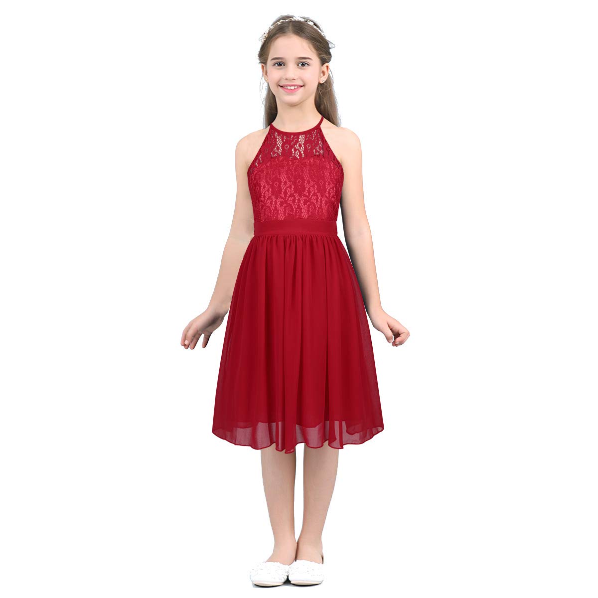 Hularka Girls Halter Neck Floral Lace Chiffon Flower Girl Dress - Elegant Wedding Bridesmaid & Formal Ball Gown for Special Occasions, Parties, and Photoshoots