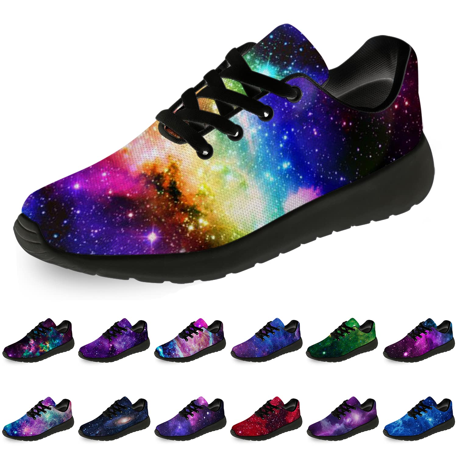 Galaxy Print Running Shoes for Men & Women - Lightweight Walking & Tennis Sneakers with Rainbow Nebula Cosmos Design - Perfect Gifts for Boys & Girls - Size 13 Men/15.5 Women Black - Ideal for Jogging, Gym Workouts & Casual Wear