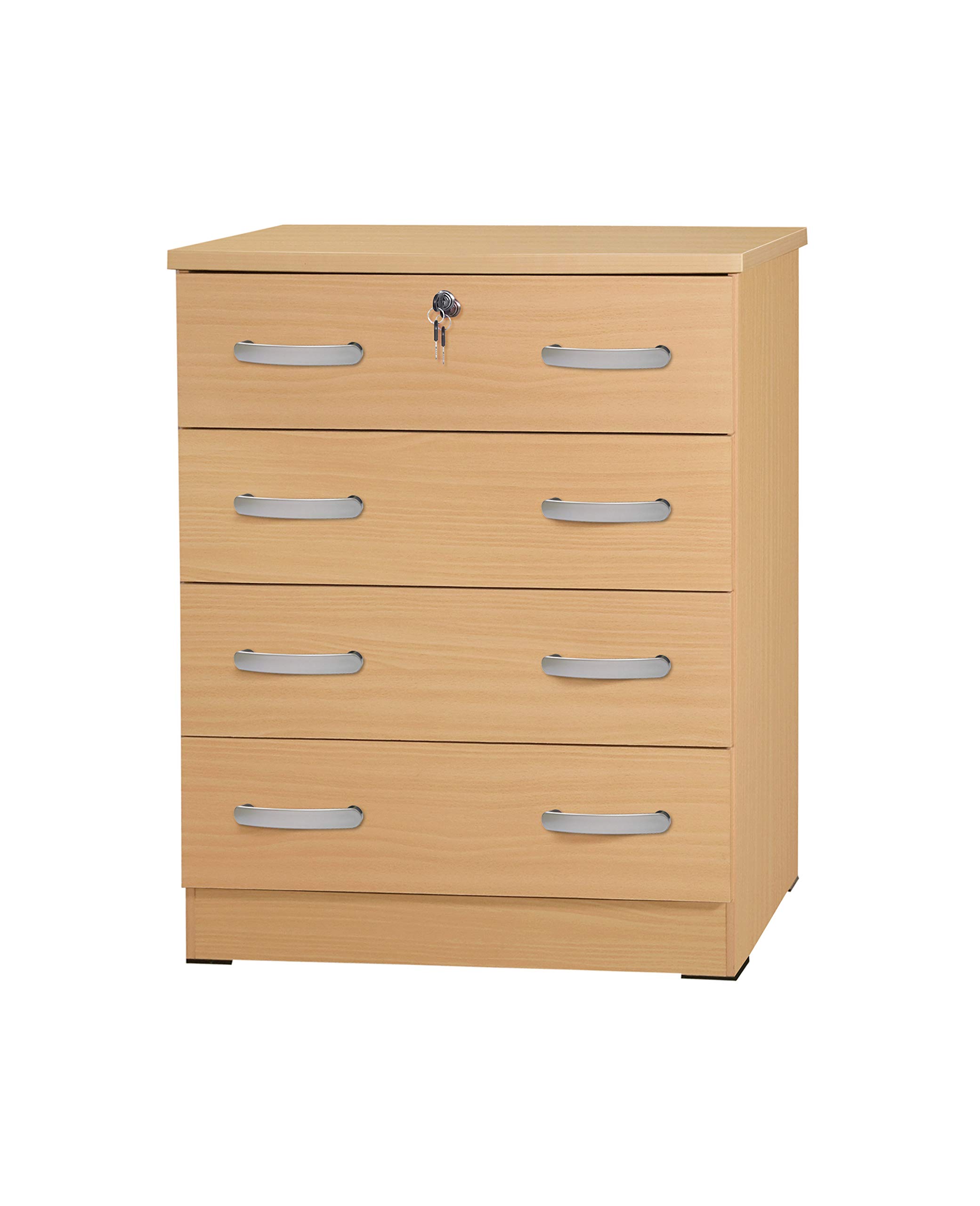 Better Home Products Cindy 4-Drawer Wooden Dresser with Lock - Solid Beech/Maple Finish - Perfect for Bedroom, Nursery, or Dorm Room Storage Organization