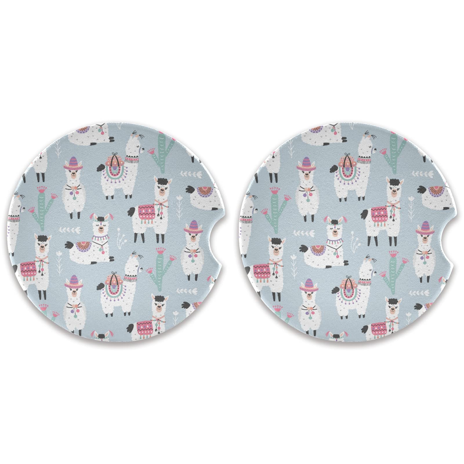Xigua Cartoon Alpaca Ceramic Car Coasters 2 Pack - Absorbent Drink Coasters with Fingertip Grip, Perfect for Car Cup Holders, Office Desks, and Home Use