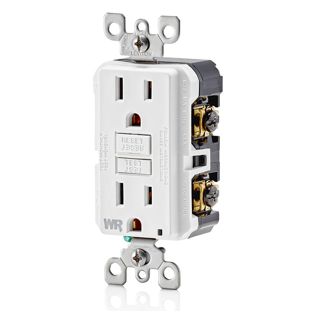 15 Amp, 125 Volt GFCI Outlet with 20 Amp Feed Through - Self-Testing SmartlockPro Slim Weatherproof Receptacle in White (GFWR1-W) - Ideal for Outdoor, Bathroom, Kitchen, and Garage Electrical Safety Protection