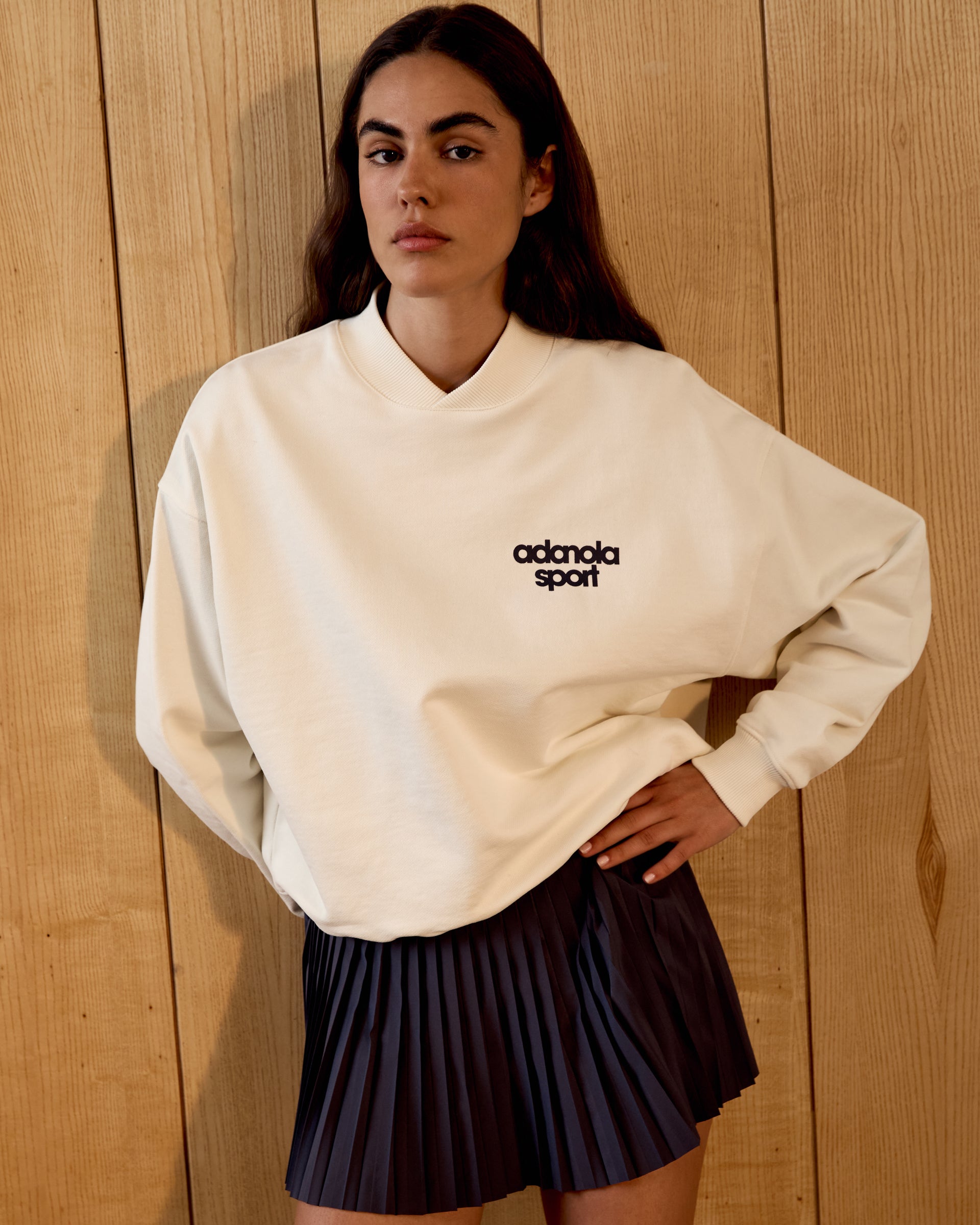 AS Bold High Neck Relaxed Sweatshirt for Women - Soft Cotton Oversized Pullover in Marshmallow White & Navy Blue | Casual Wear, Lounge Outfit, Street Style Fashion
