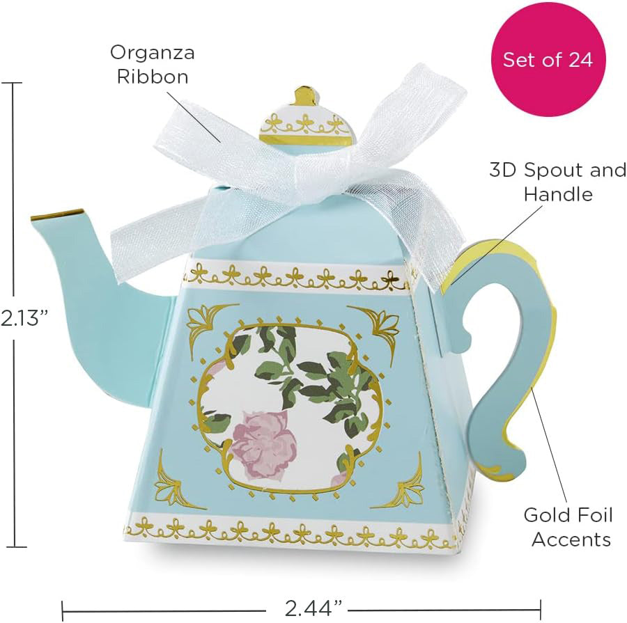 Whimsical Blue Teapot Favor Box Set of 24 - Perfect for Tea Party Decorations, Bridal Showers & Baby Showers