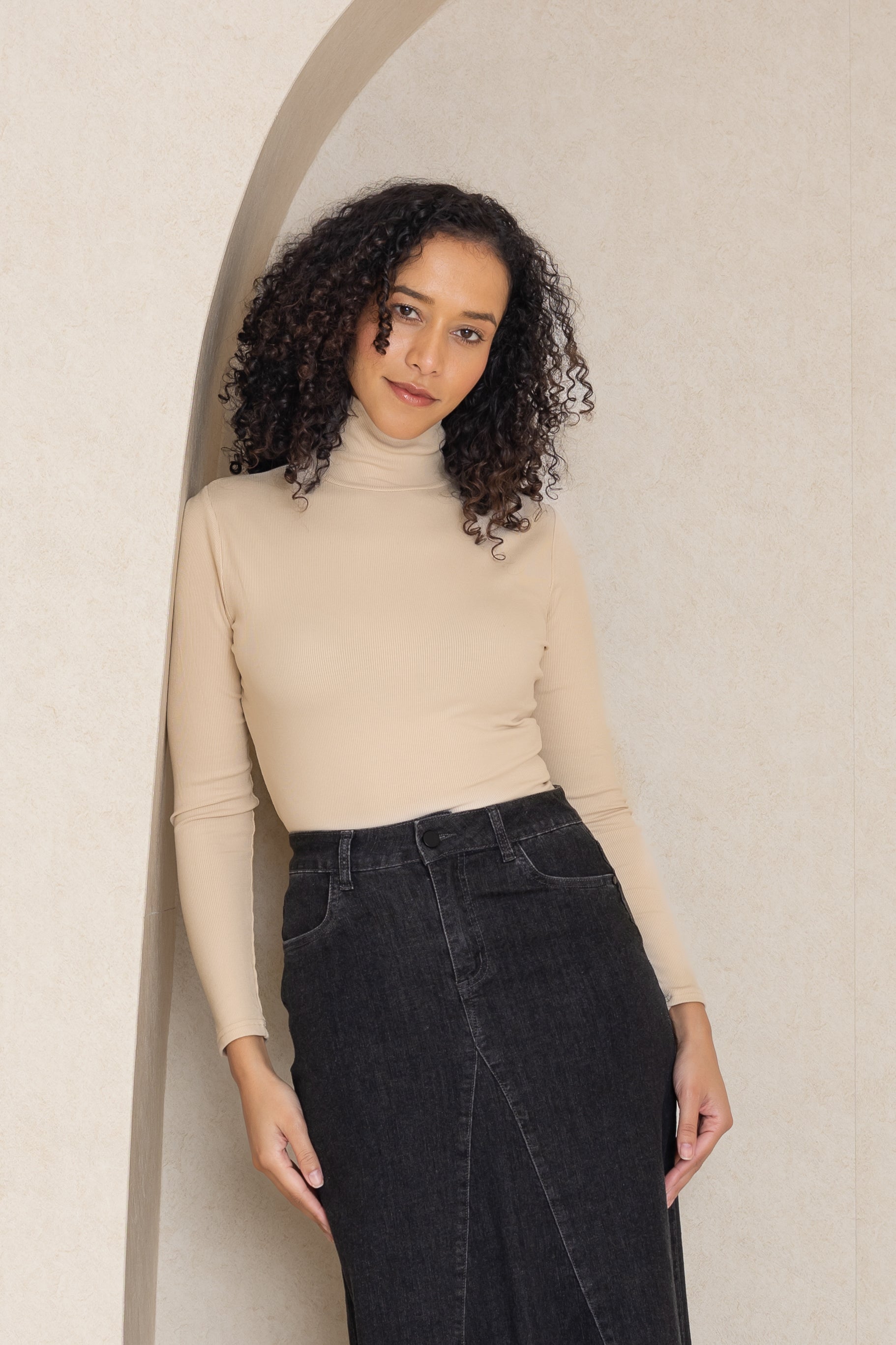 Ivory Ribbed Turtleneck Sweater for Women - Cozy Winter Knit Top for Layering & Casual Outfits