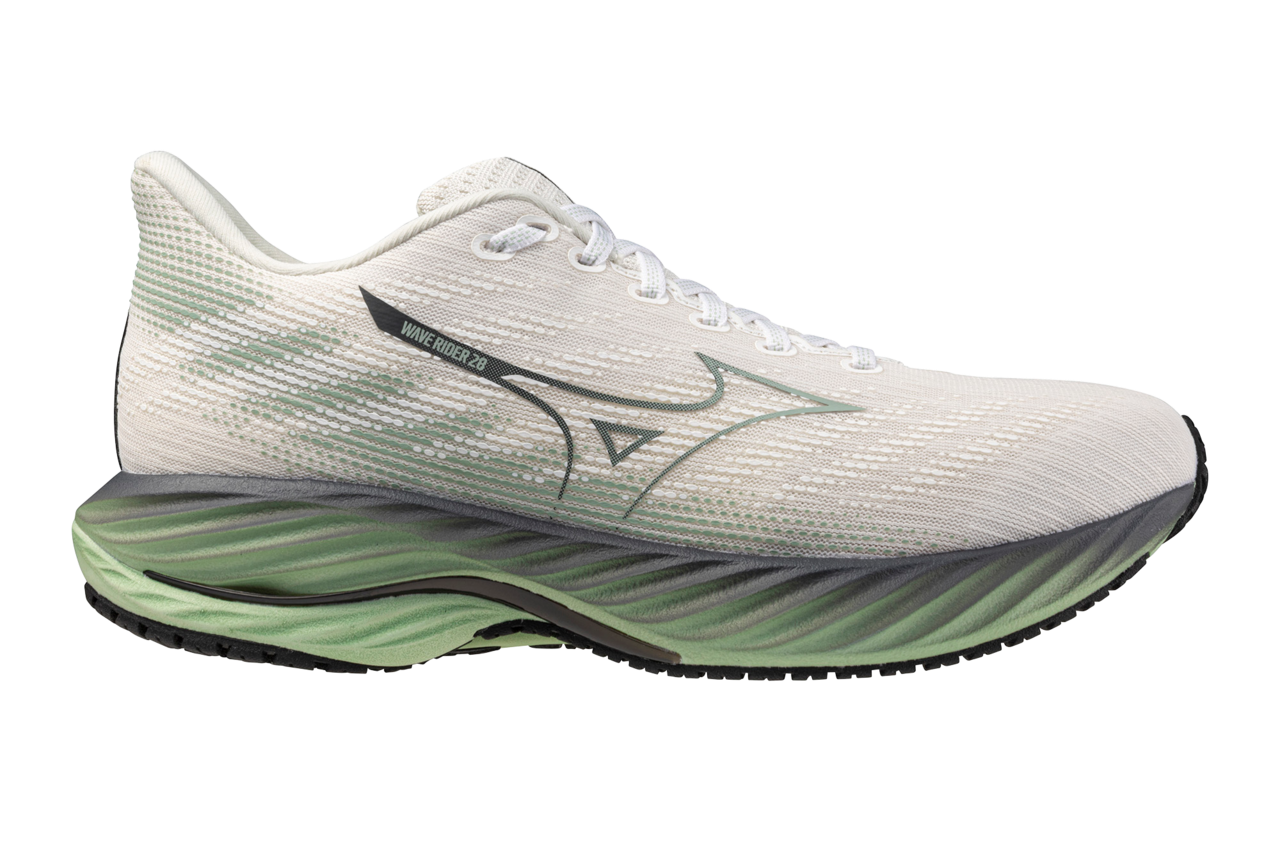 Mizuno Wave Rider 28 Running Shoes for Men - D Width in Snow White/Frosty Green/Black | Lightweight Cushioned Sneakers for Jogging, Training & Everyday Wear
