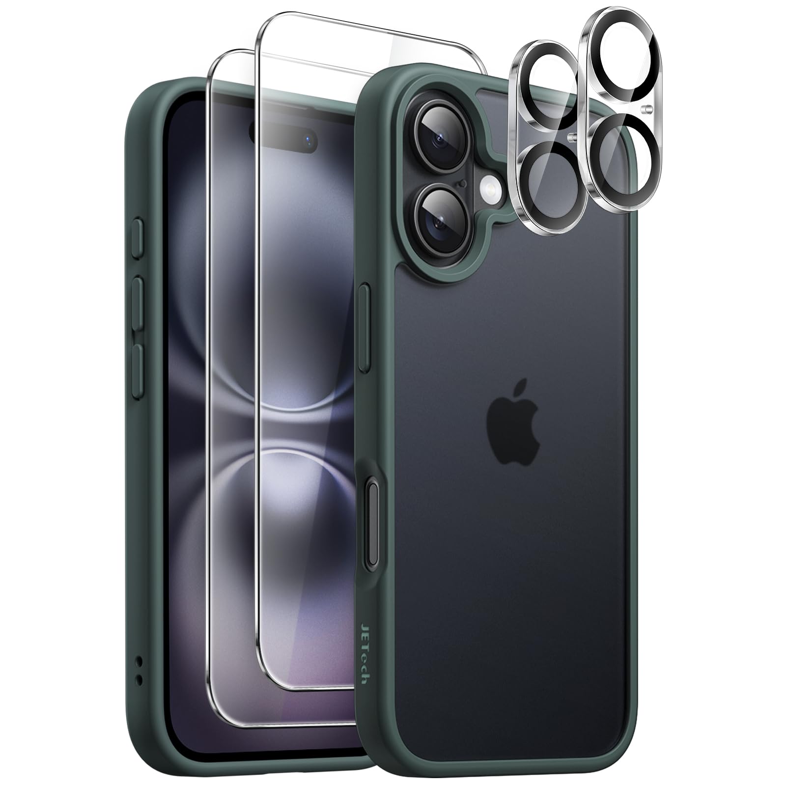 JETech 5-in-1 Matte Case for iPhone 16 6.1-Inch - 2-Pack Tempered Glass Screen Protector + Camera Lens Protector | Shockproof Translucent Back Cover (Dark Green) | Perfect for Work, Travel & Outdoor Protection