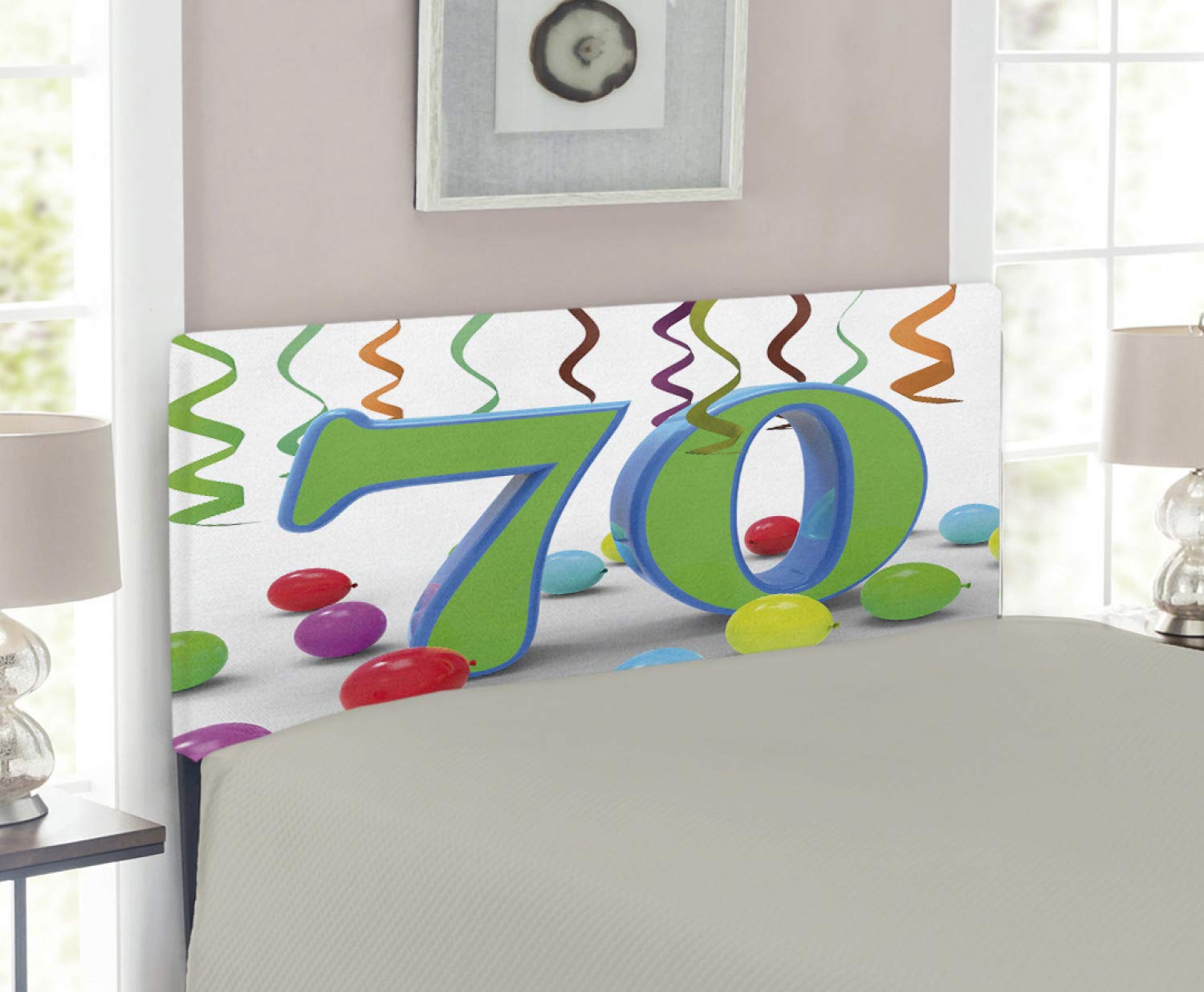 Ambesonne 70th Birthday Upholstered Metal Headboard - Twin Size Decorative Bed Headboard with Memory Foam, Fun Party Theme in Fern Green & Blue | Perfect for Birthday Celebrations, Guest Rooms & Themed Bedrooms