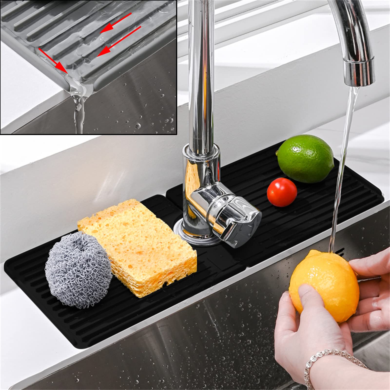 Non-Slip Silicone Sink Splash Guard - Waterproof Faucet Pad for Kitchen & Bathroom, Anti-Drip Drain Cover with Double Slope Design for Quick Drainage - Perfect for Countertops, Sinks, and Wet Areas (Black)