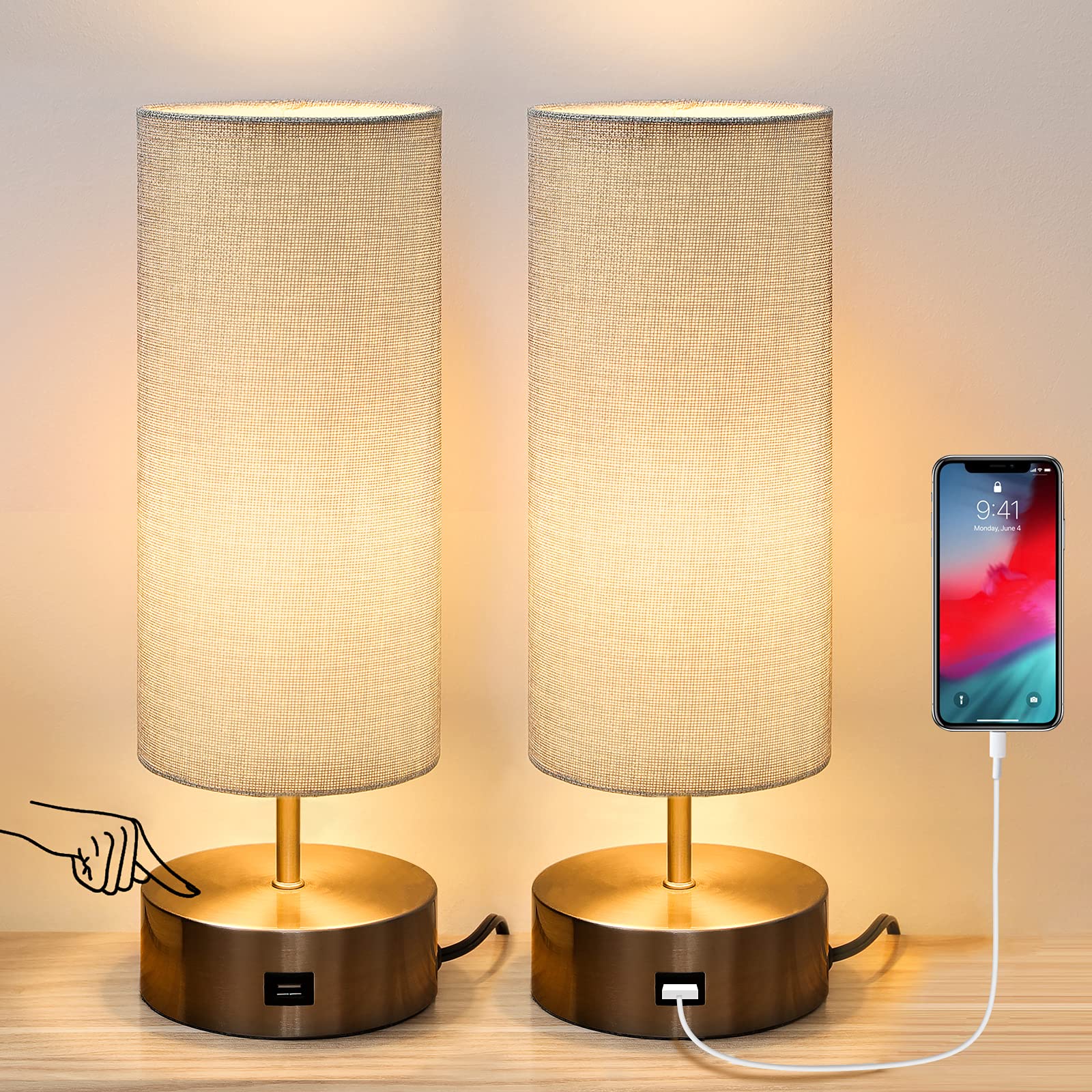 Haian 3-Way Dimmable Touch Control Table Lamp with USB Charging Port - Set of 2 Modern Nightstand Lamps, Grey Fabric Shade LED Desk Lamp for Bedroom, Living Room & Office - Perfect for Reading, Working & Nighttime Ambience