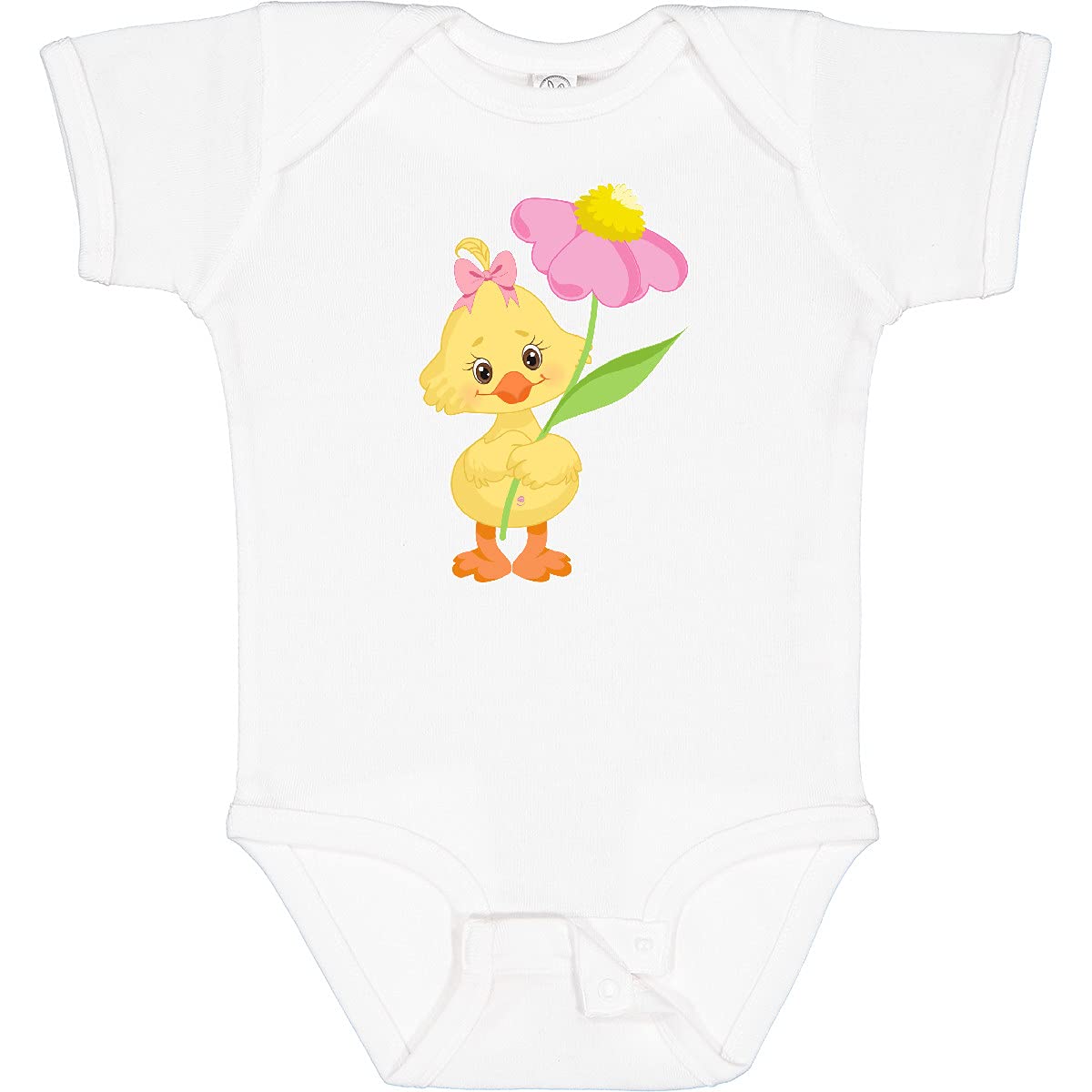 Inktastic Cute Easter Chick with Pink Flower Baby Bodysuit - Soft Cotton Infant Onesie for Easter Photos, Spring Outfits & Holiday Celebrations