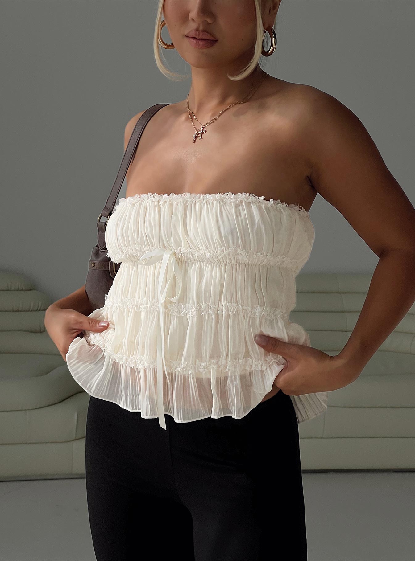 Avelina Strapless Top for Women - Cream Sleeveless Blouse for Summer, Party, and Casual Wear