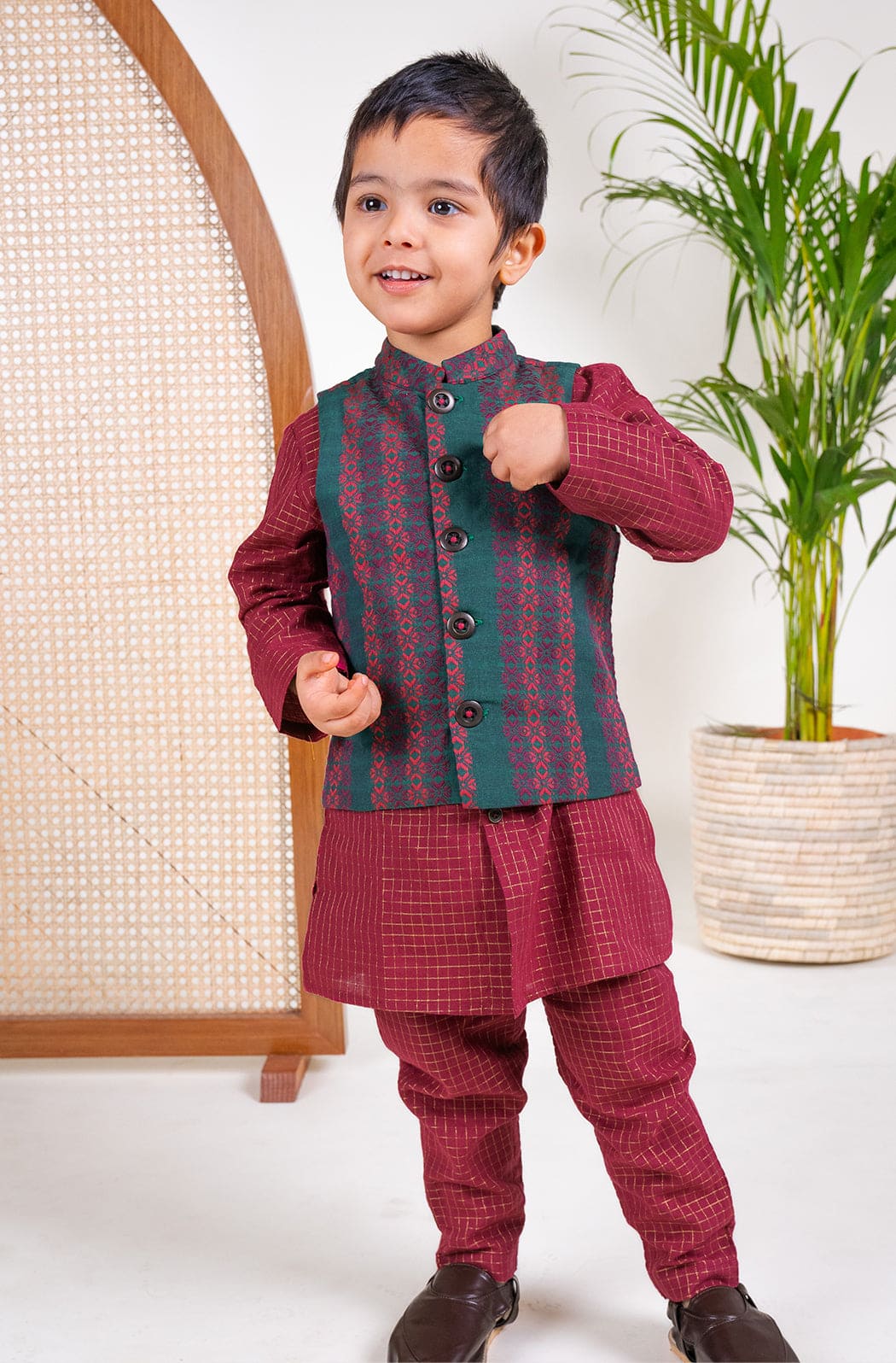 Pre Order: Boys Jacquard 3-Piece Bundi Set - Maroon | Traditional Indian Outfit for Festivals, Weddings & Special Occasions