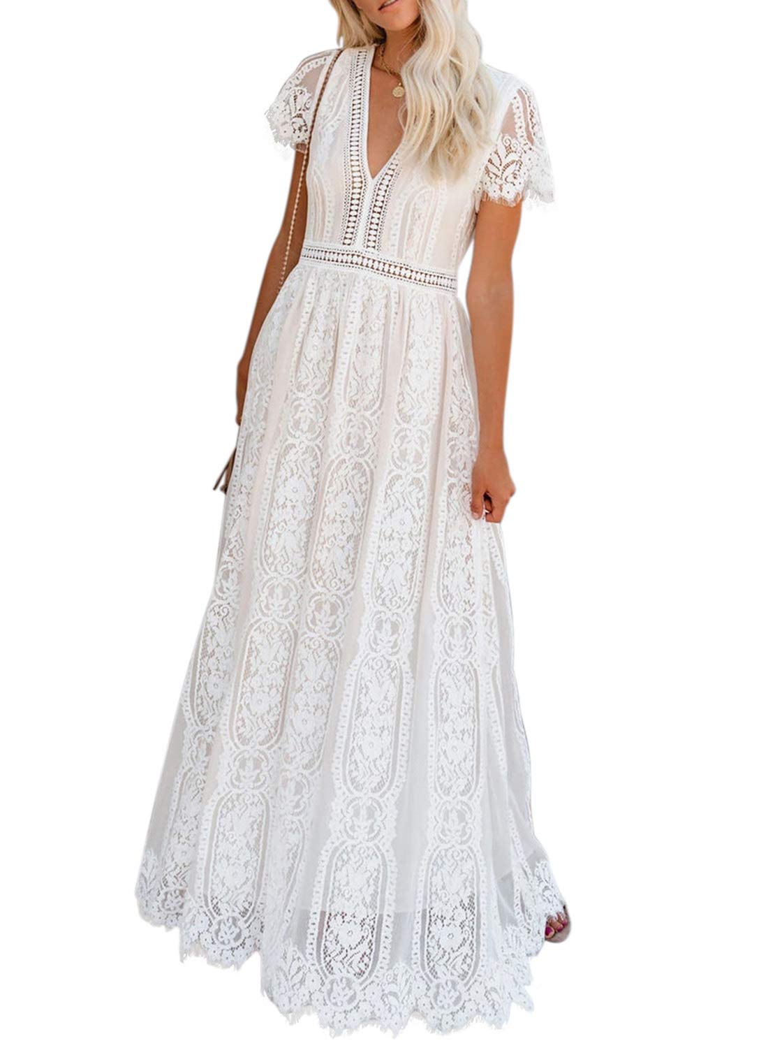 BLENCOT Women's Casual Boho Floral Lace V-Neck Long Evening Dress for Cocktail Party, Wedding Guest, Prom, Formal Occasions - Elegant Maxi Dress for Special Events