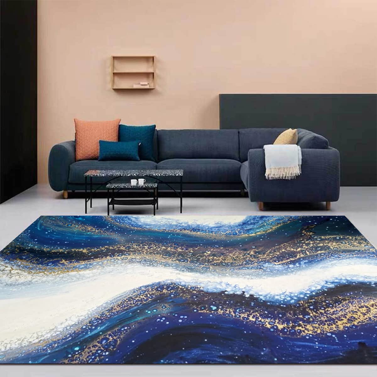 Modern Abstract Marble Swirl Area Rug 6x9 ft - Mid-Century Contemporary Carpet in Off White & Navy Blue - Perfect for Living Room, Bedroom & Dining Room Decor - Soft & Durable Floor Covering for Home & Office