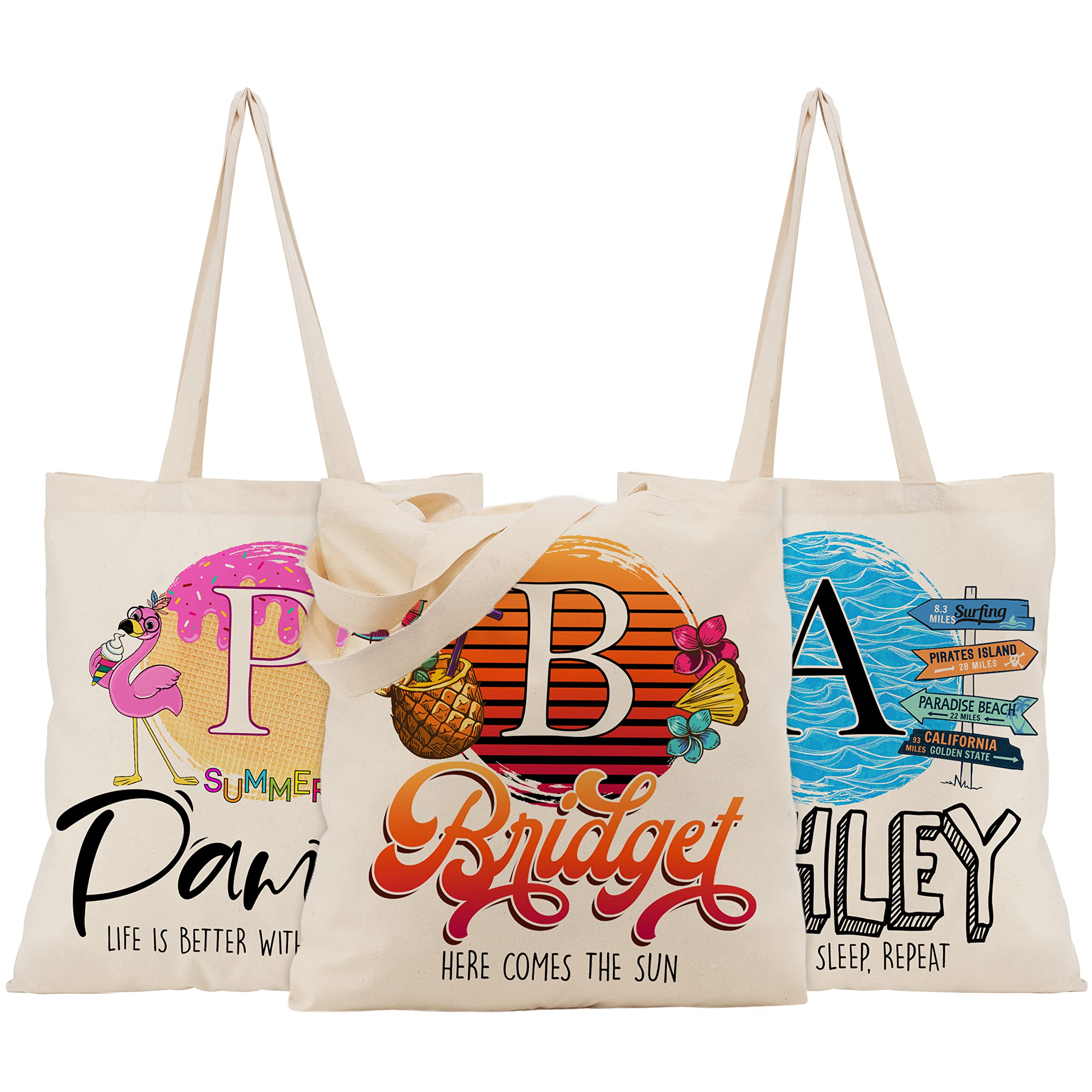 Personalized Summer Canvas Tote Bags for Women - 9 Custom Design Options with Initials - Beach Tote Gift for Girls & Women - Beige - Perfect for Beach Trips, Shopping & Everyday Use