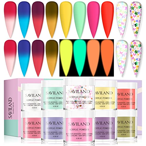 Saviland 10 Colors Acrylic Nail Powder Set - Glow in Dark & Temperature Change Polymer Powder for DIY Nail Extensions, No UV Lamp Needed | Perfect for Home Manicures, Salon Professionals & Nail Art Enthusiasts