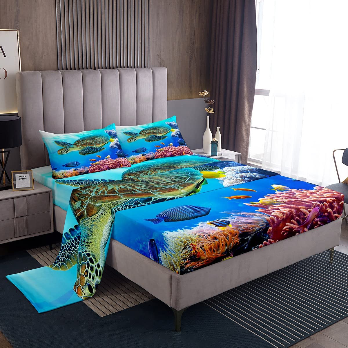 Manfei Sea Turtle Twin Sheet Set - Ocean Animal Themed Bedding for Kids & Teens - Marine Mediterranean Style Blue 3-Piece Set (Fitted Sheet, Flat Sheet, Pillowcase) - Perfect for Beach Themed Rooms & Coastal Decor