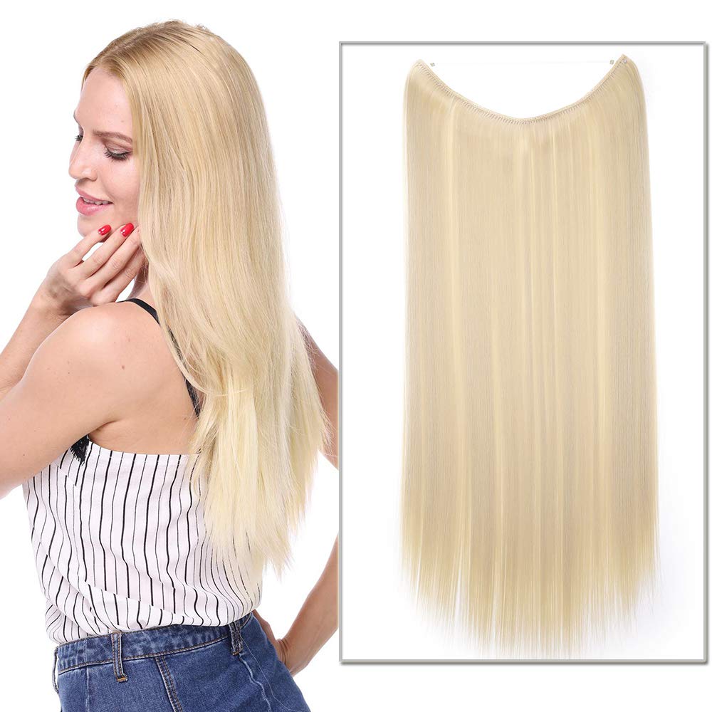 Silk-co One Piece Wire in Hair Extensions - 24 Inch Long Straight Synthetic Hairpiece, No Clip, Bleach Blonde | Perfect for Cosplay, Costumes, and Styling
