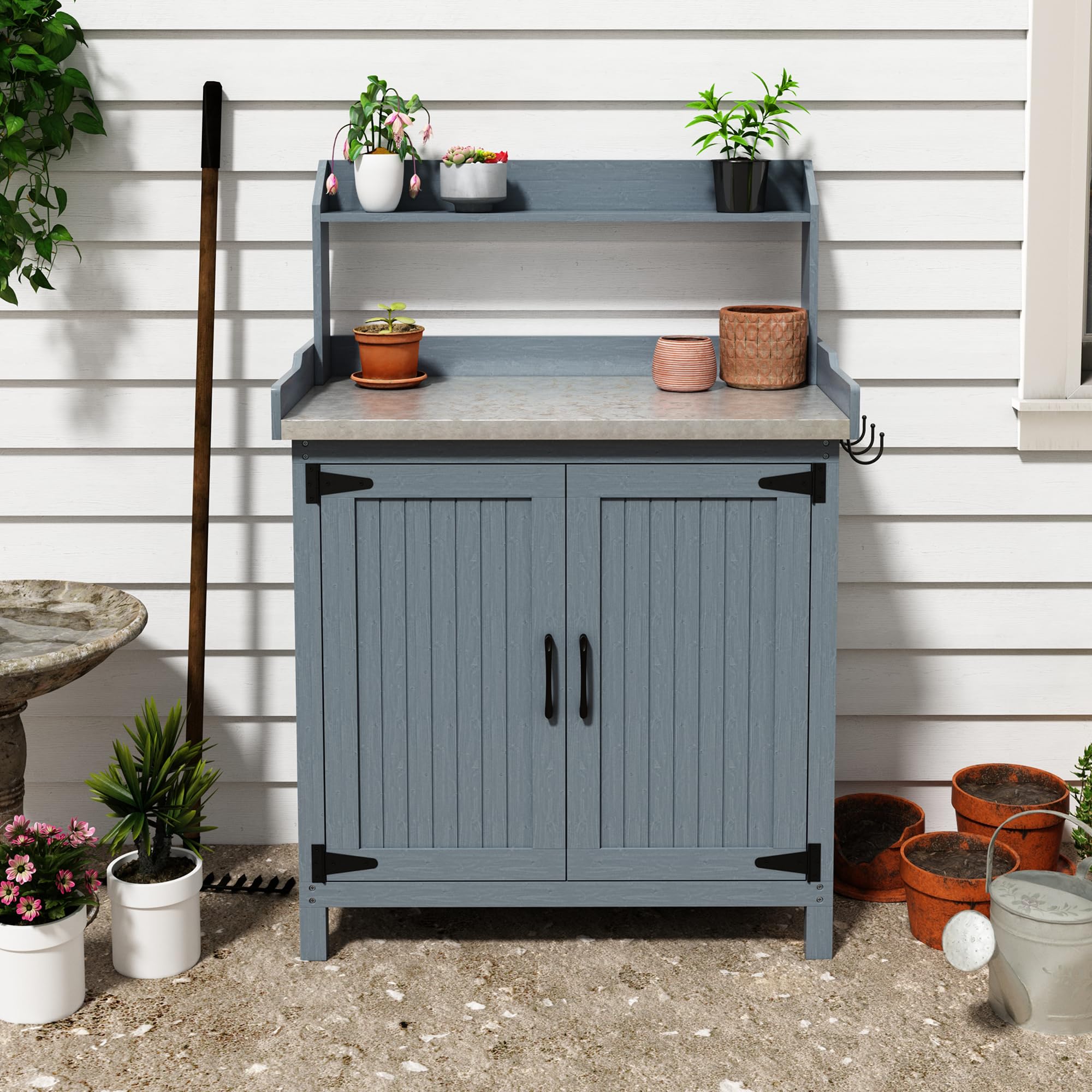 Wooden Gardening Table with Storage - Metal Top Potting Bench for Patio, Greenhouse & Outdoor Use