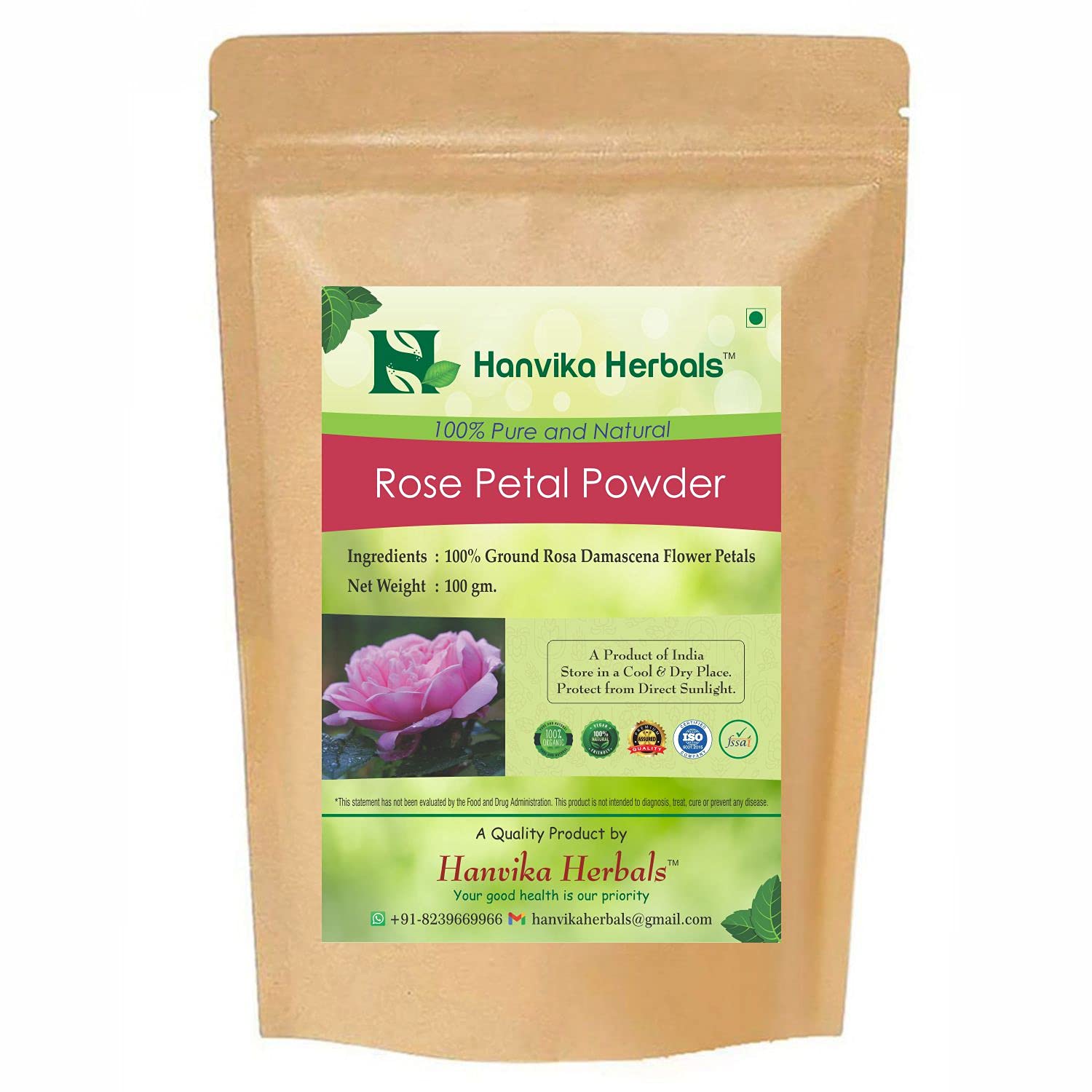 Hanvika Herbals 100% Pure Rose Petal Powder - Rosa Damascena Flower Petals for Skin Care & DIY Beauty (100g) - Perfect for Face Masks, Scrubs & Aromatherapy