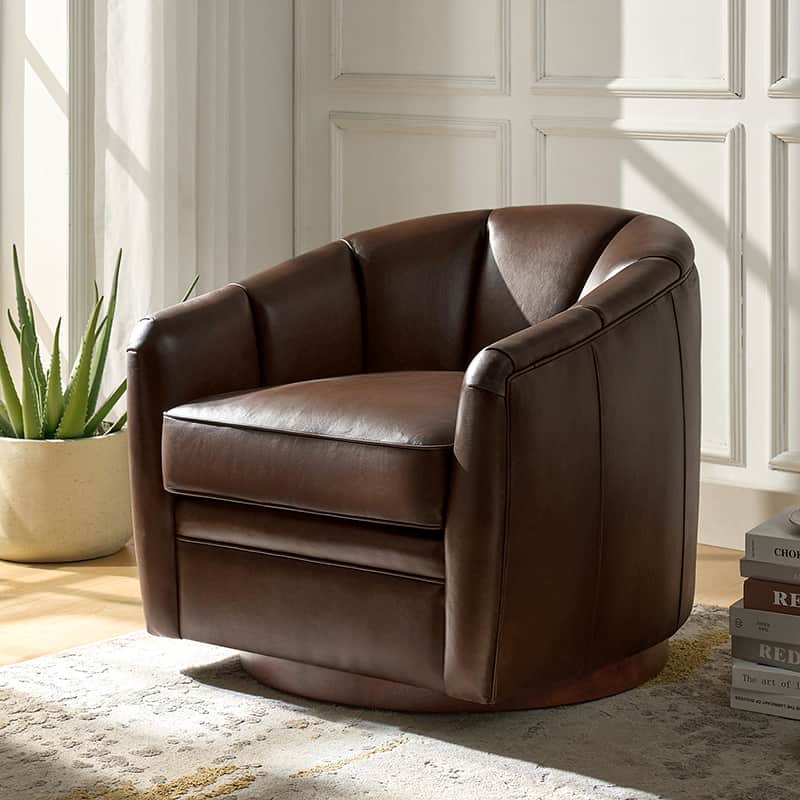 **Misha Barrel Armchair with Genuine Leather – Modern Living Room Chair for Home, Office & Lounge – Comfortable Leather Accent Chair**