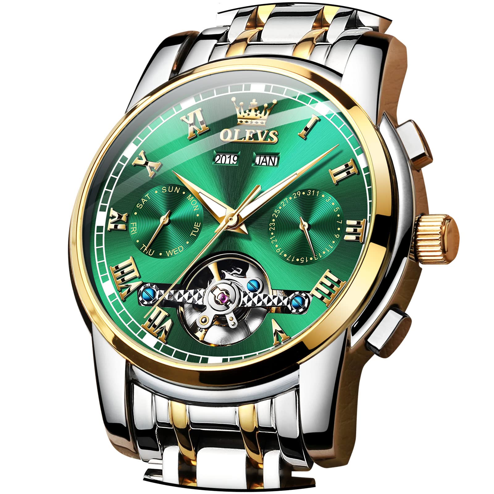 OLEVS Automatic Self-Winding Men's Watch with Date & Day Calendar, Stainless Steel Skeleton Tourbillon Watch - No Battery Needed, Waterproof for Swimming & Diving - Perfect for Business, Casual & Formal Occasions