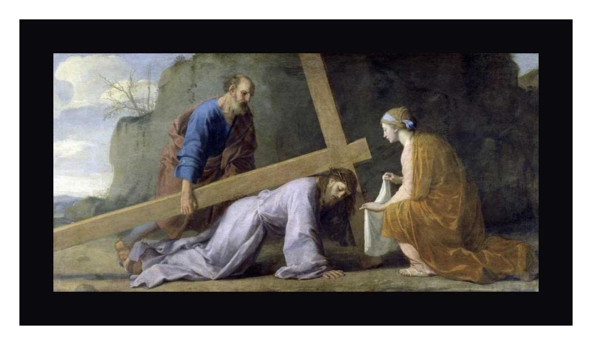 Jesus Carrying His Cross by Eustache Le Sueur - 19x36 Inch Framed Canvas Art Print with Black Frame - Ready to Hang Wall Decor for Home, Church & Office