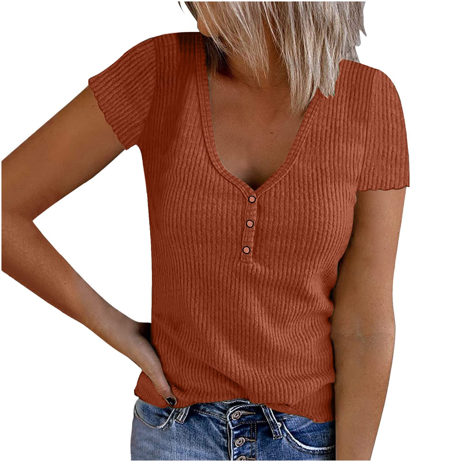 Women's Waffle Knit Tunic Tops - V Neck Henley Button Up Shirts Casual Short Sleeve Blouses for Summer | Comfortable & Stylish for Work, Travel & Everyday Wear