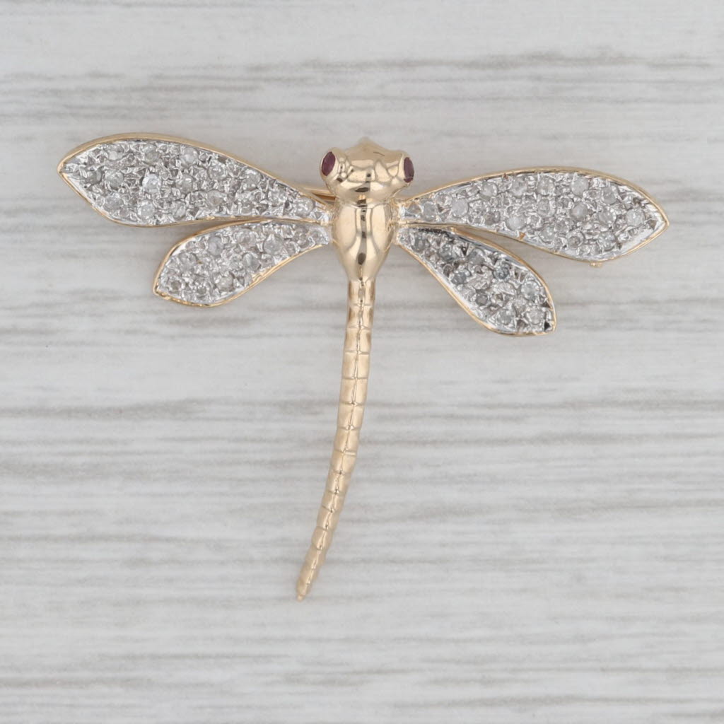 0.25ctw Diamond & Ruby Dragonfly Brooch Pin - 14K Yellow Gold Jewelry for Women - Elegant Gift for Birthday, Anniversary & Special Occasions
