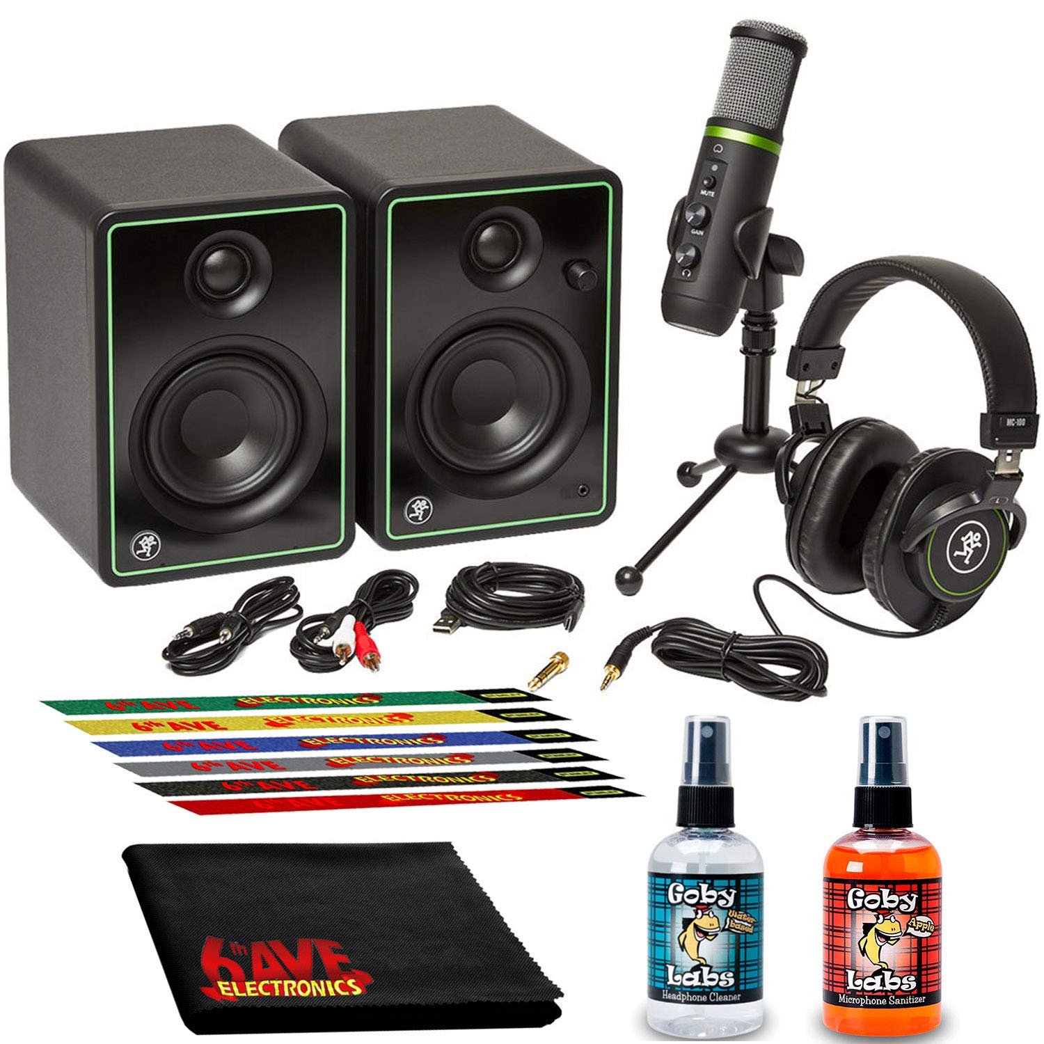 Mackie CR3-X Studio Monitor Bundle with EM-USB Mic, MC-100 Headphones & 6Ave Cleaning Kit - Perfect for Podcasting, Music Production & Home Recording Studio Setup