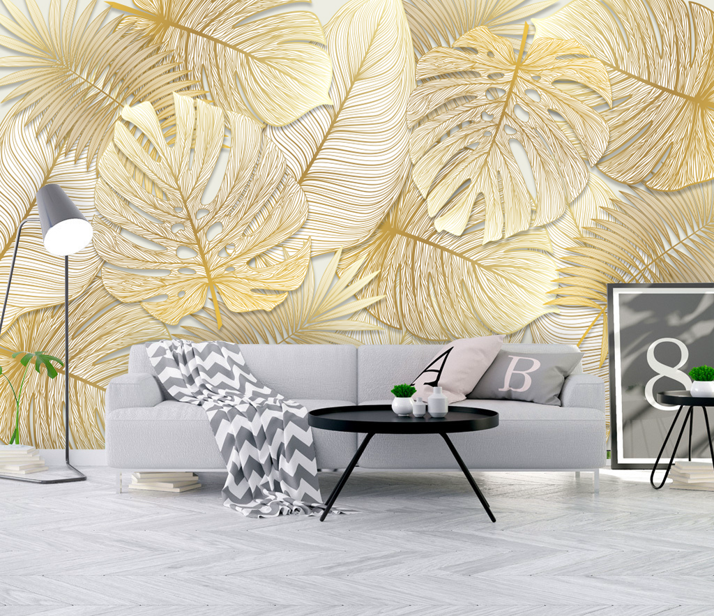 Large Golden Monstera Leaves Wallpaper Mural - Tropical Botanical Peel and Stick Wall Decal for Living Room, Bedroom, Office Decor | Self-Adhesive Removable Wallpaper