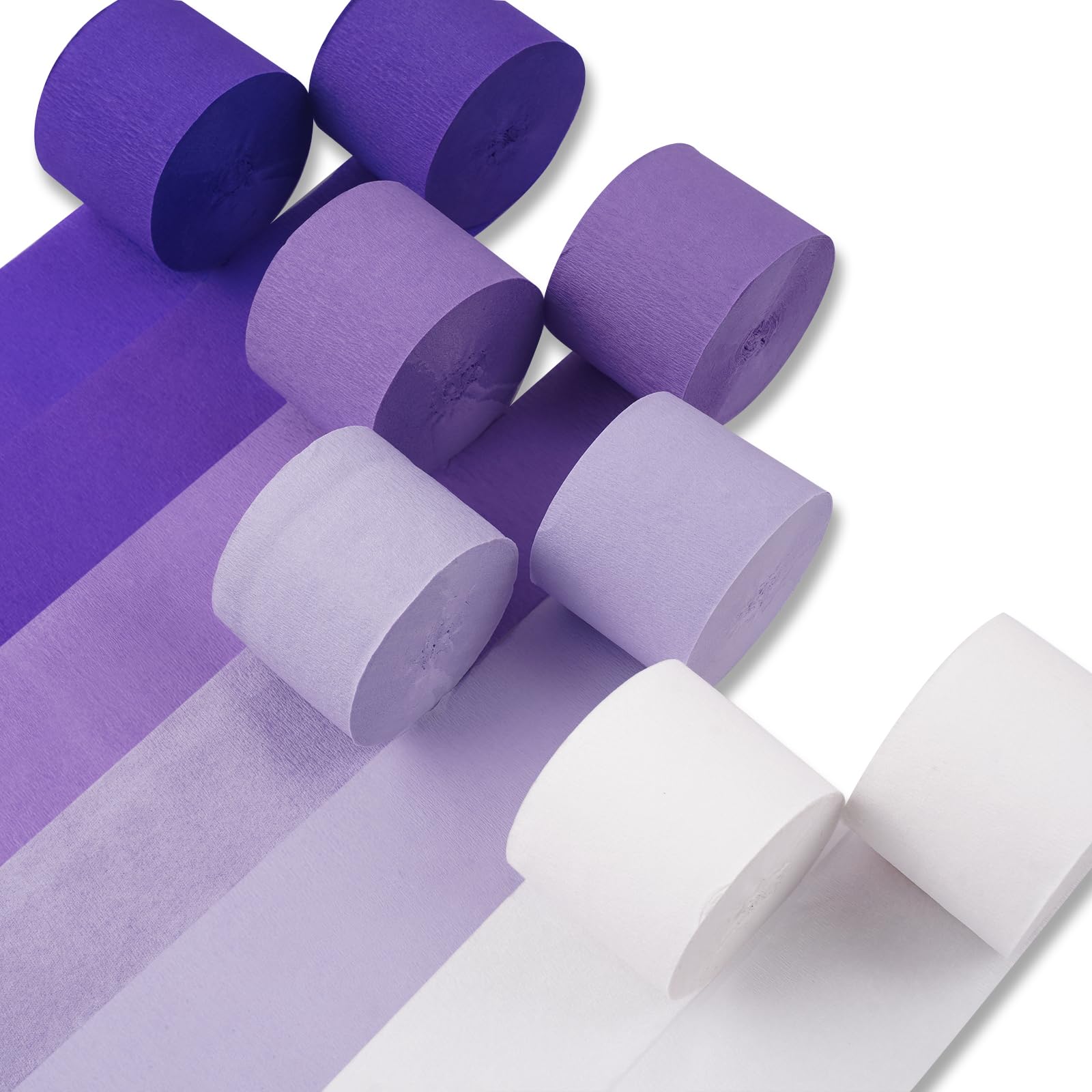 PartyWoo Crepe Paper Streamers - 8 Rolls (656ft) in Purple, Dark Purple, Pastel Purple & White - 1.8