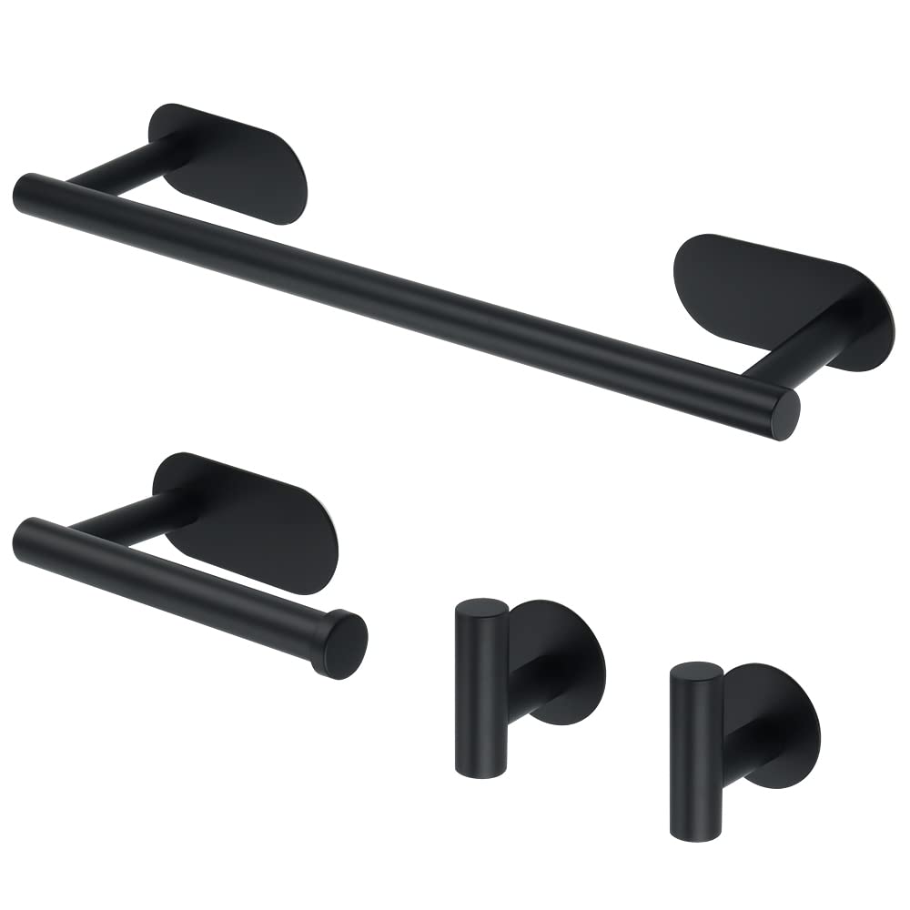 4-Piece Bathroom Accessory Set - No Drill Towel Bar, Toilet Paper Holder & 2 Hooks - Self-Adhesive or Glue Mount - 304 Stainless Steel Black Finish - Perfect for Small Bathrooms & Apartments