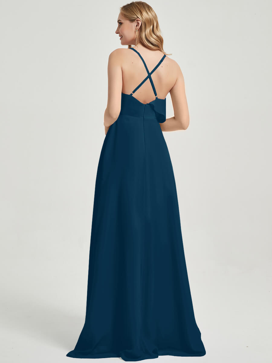 Elegant Ink Blue Chiffon Maxi Bridesmaid Dress with Criss Cross Straps, Ruffles & High Slit - Perfect for Weddings, Prom & Formal Events