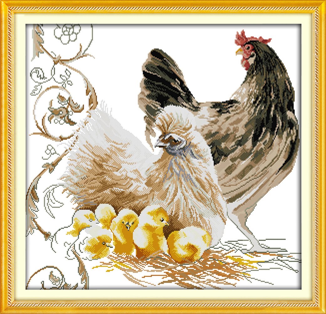 CaptainCrafts Premium Cross Stitch Kit - Chicken Family Stamped Embroidery Pattern for Beginners | DIY Home Decor, Wall Art & Gift Idea